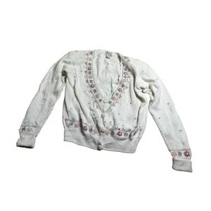 VTG White Knit Cardigan Floral‎ Embroidered Button Up Sweater Cottage Granny